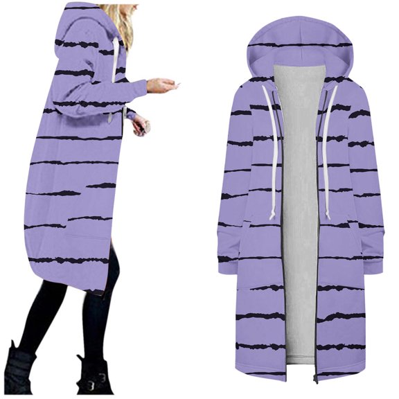 Usmixi 2023 Winter Womens Sweatshirt Coat Long Hooded Coat for Women Fashion Striped Print Open Zip up Sweatshirt Overcoat Fall Long Sleeve Lightweight Drawstring Hoodies Outwear Up to 65% off
