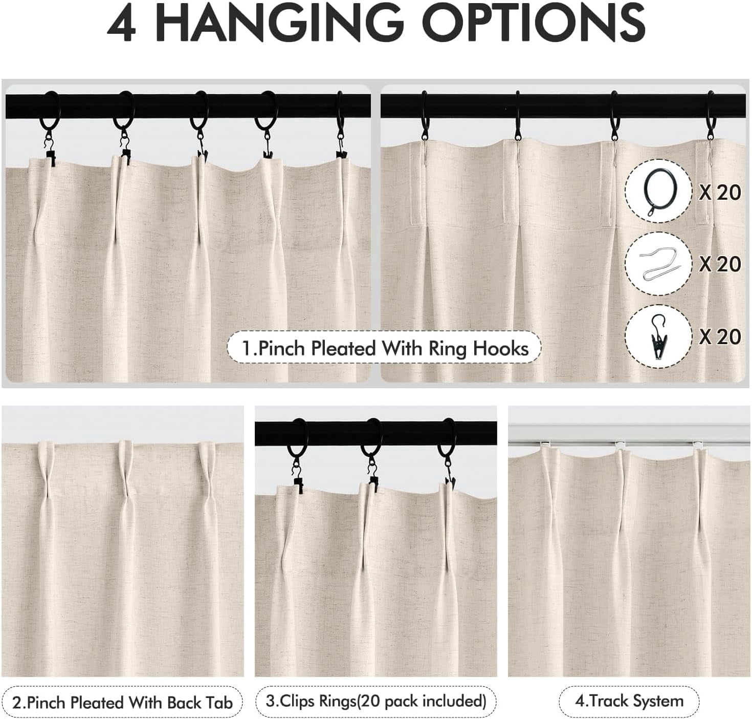 Birch Pinch Pleat Linen Curtains Extra Long Curtains 108 Inch Length, Memory Trained Pinch Pleated Curtain with Hooks Living Room Bedroom Sliding Patio Door, Linen Textured Pleated Curtain Drapes