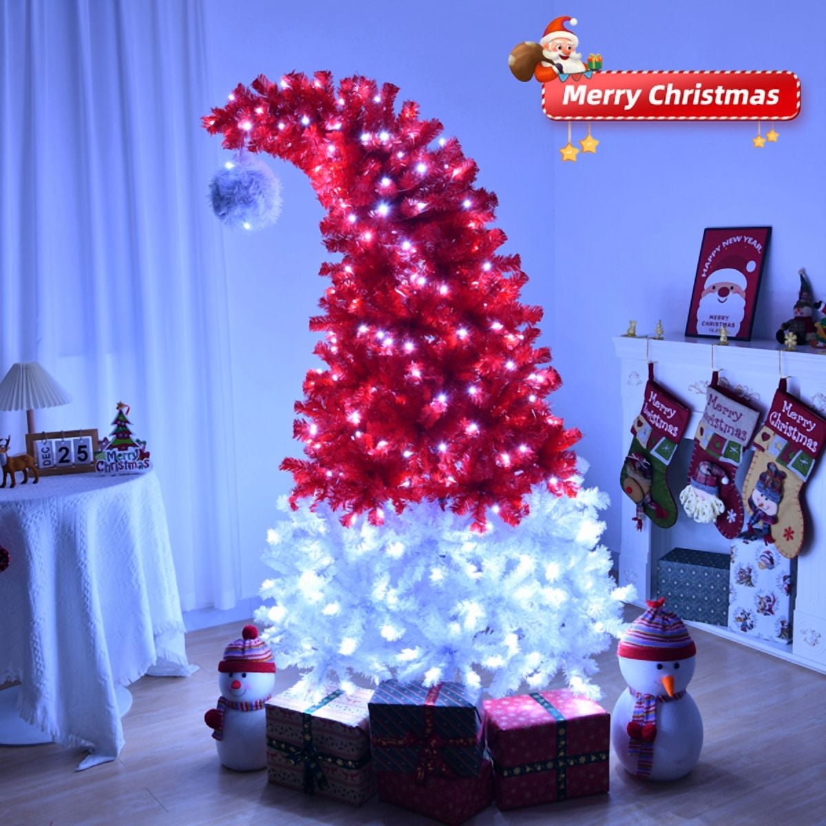 Alvantor 6 ft Santa Hat Pre-Lit Artificial Christmas Tree with 300 Cool White LED Lights, 8 Modes and 1050 PVC Tips, Red and White
