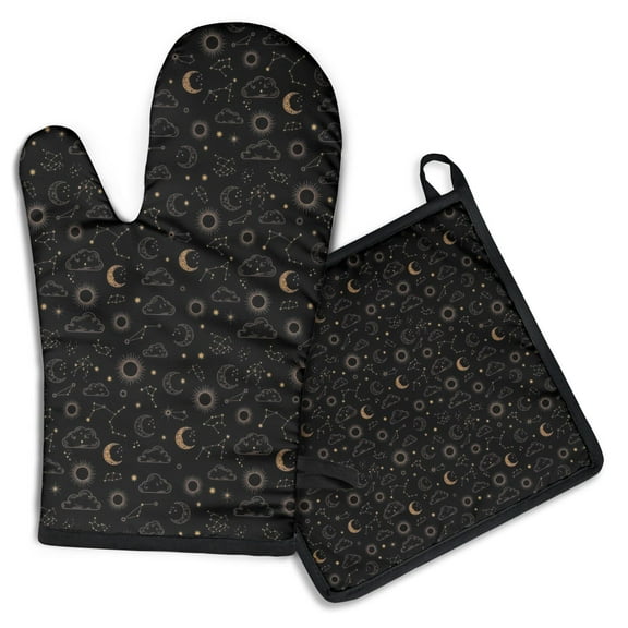 Black Celestial Cloud Pattern Kitchen Oven Mitt and Pot Holder Sets 2 Pcs for Baking, Cooking and Grilling, Heat Resistant Up To 392 °F