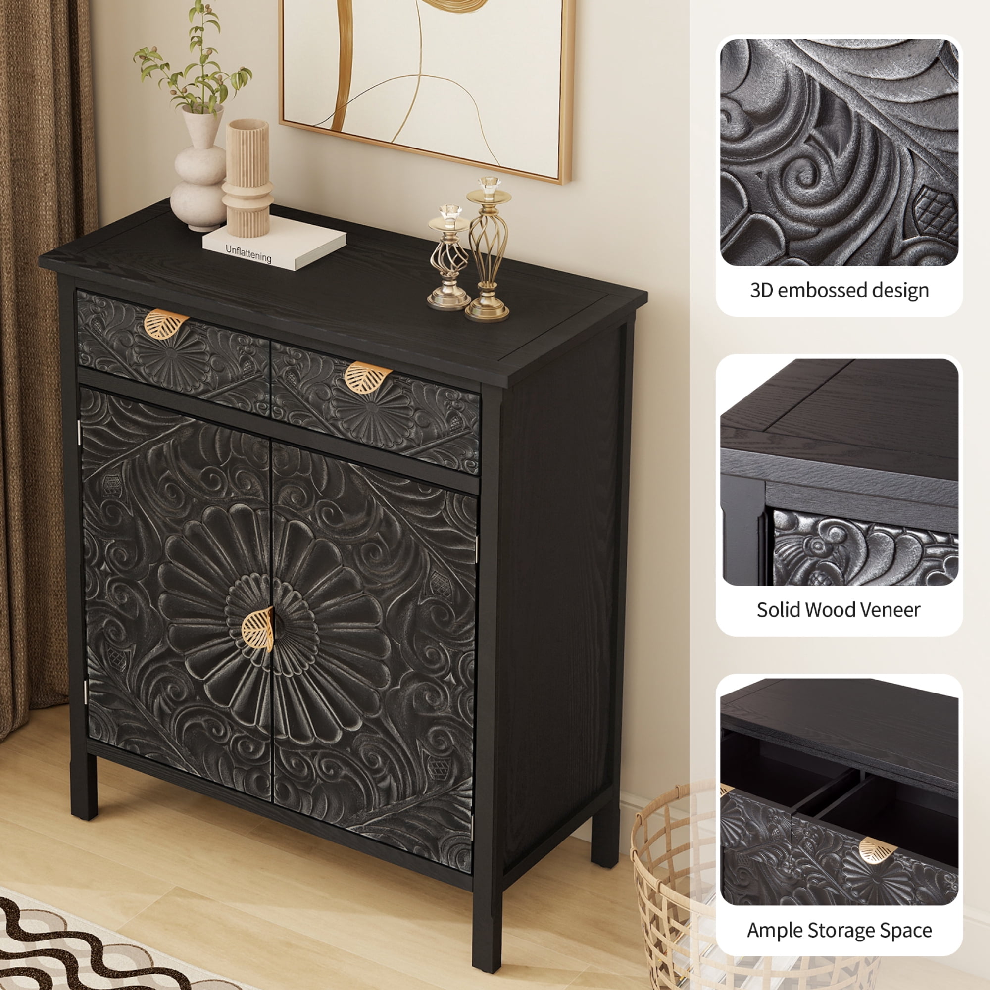 Leumius Accent Cabinet, Black Wooden Storage Cabinet with Drawer & Doors, Floral Embossed Sideboard with Gold Handles for Entryway Living Room