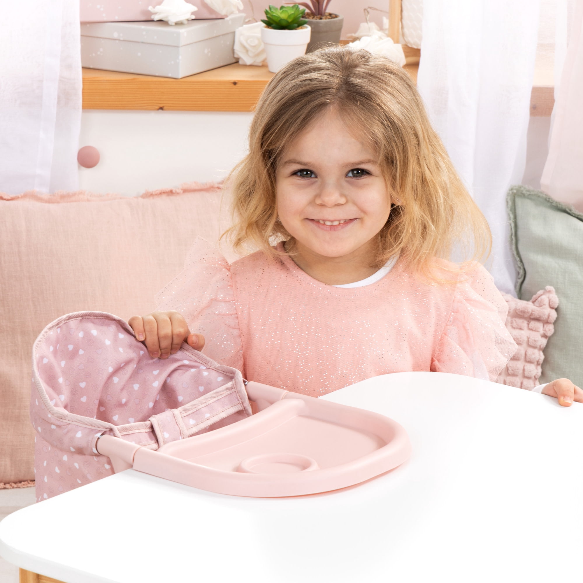 Bayer Design: Doll Table Seat - Soft Pink & Polka Dot - Attach To Table, Dining Tray, Feeding Center, Foldable, Toy Accessory Fits 18" Dolls, Kids 3+
