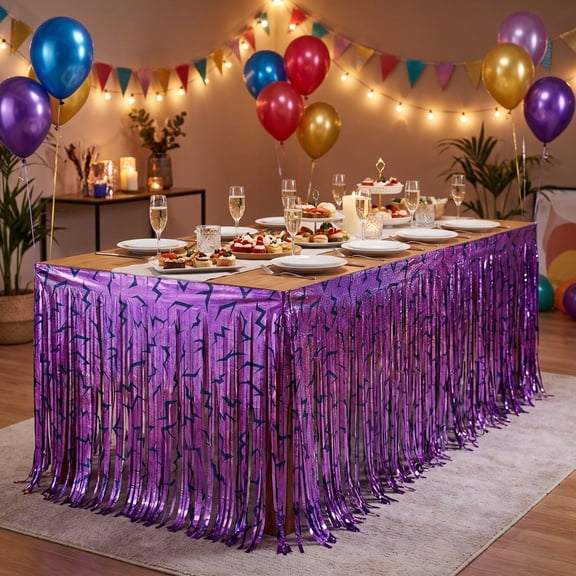 BiFandian Purple Streamer Fringe Table Skirt, Carnival Themed Party Decorative Surround Prop for Buffet Display, Halloween Decorations Indoor Outdoor for Dining Table, Counter, Bar