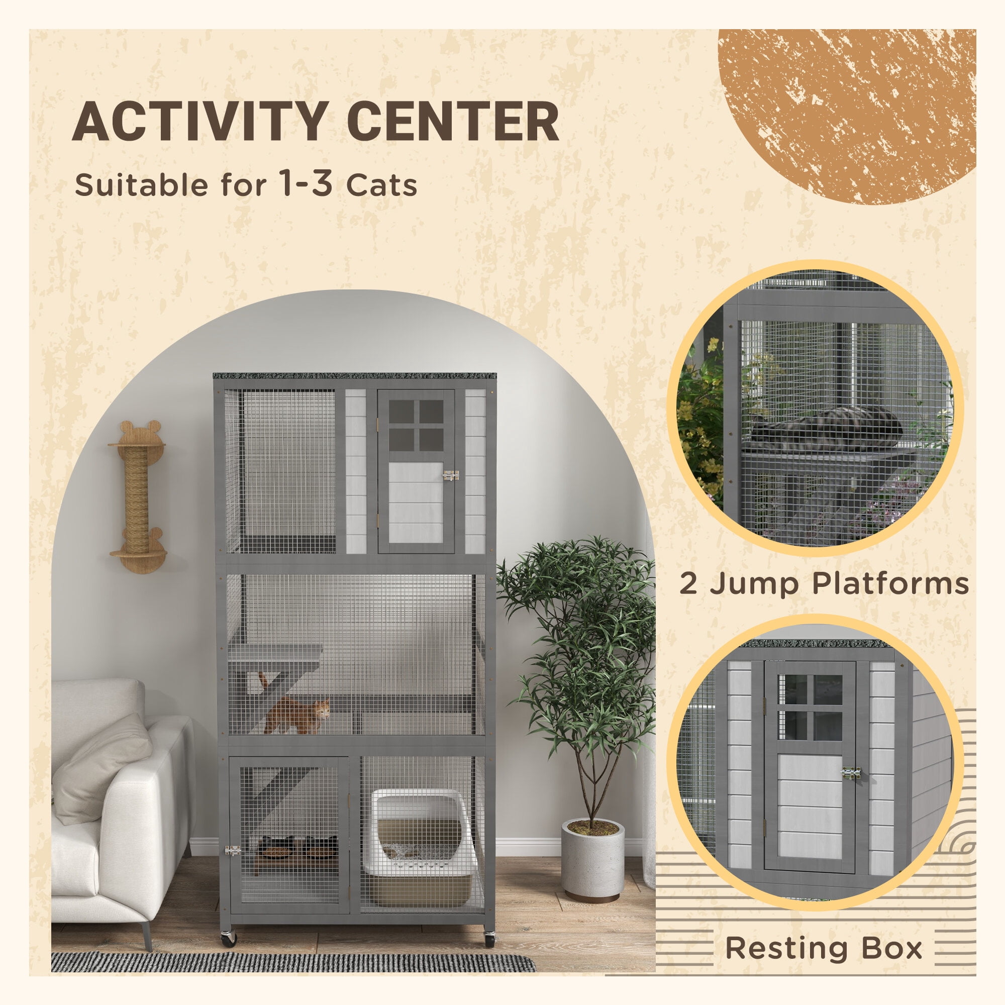 Dog Crate, PawHut 74" Wooden Catio Outdoor Cat House Weatherproof & Wheeled, Outside Cat Enclosure with High Weight Capacity, Kitten Cage Condo, Light Gray, Light Gray Pet Playpen,Steel Chicken Coop