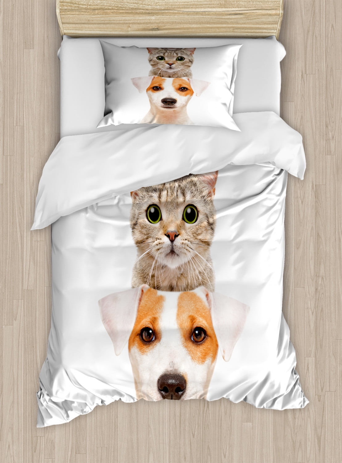 Animal Duvet Cover Set, Funny Portrait of Pets on Top of Each Other