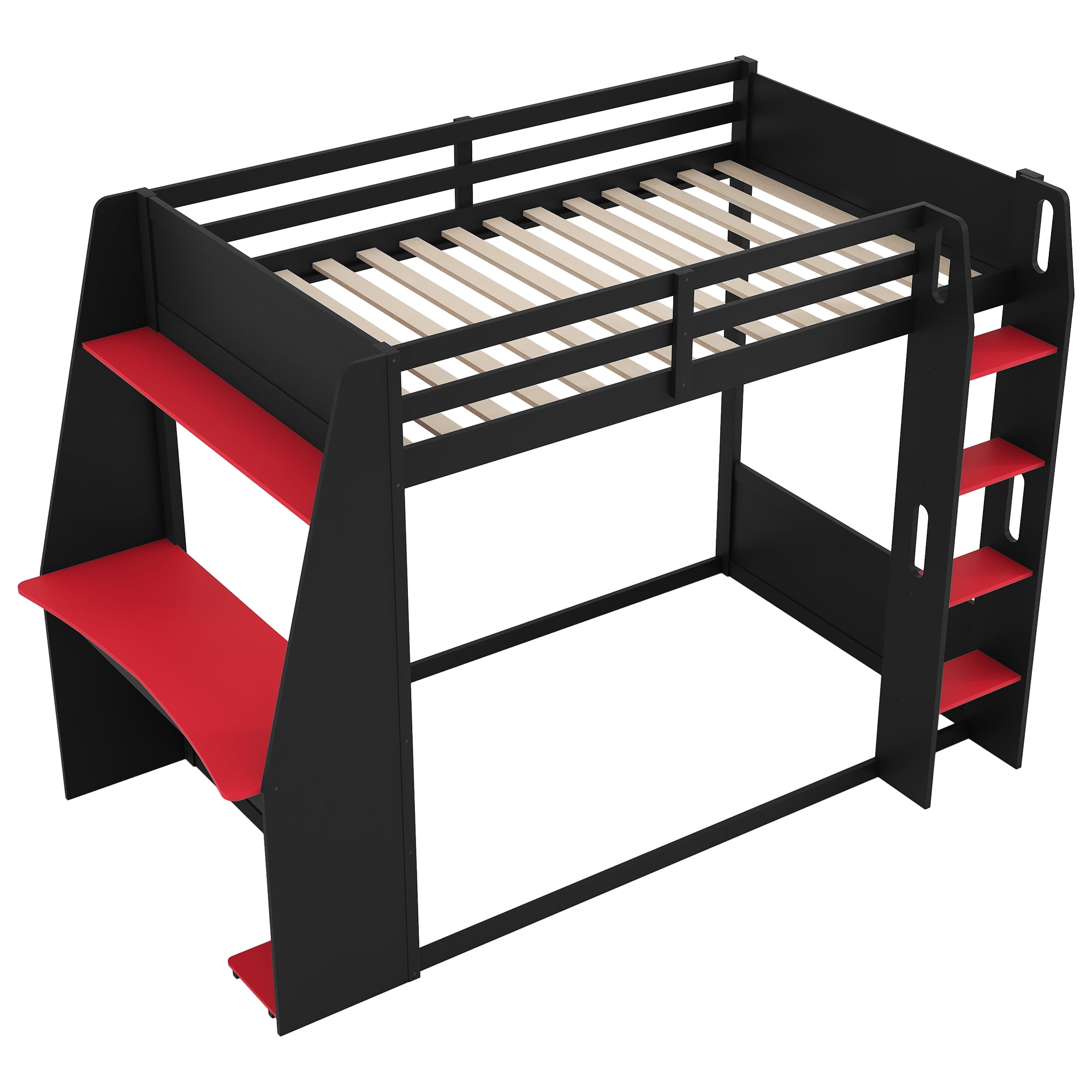 Euroco Wood Twin Size Bunk Bed with Desk and Shelves, Gaming Bed with LED Light and USB Charging, Red