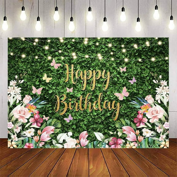 Greenery Happy Birthday Backdrop Flower Green Grass Backdrop for Wall Women Girls Birthday Party Background Photography for Photoshoot Banner Decoration