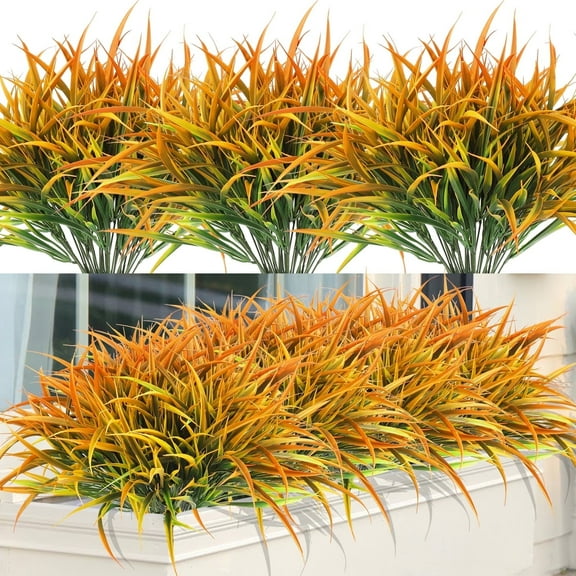 Scidweet Artificial Fall Plants Outdoor, 16 Bundles Fake Grass Autumn Faux Plastic Plants Fall Decorations for Home Garden Porch Decor, Orange