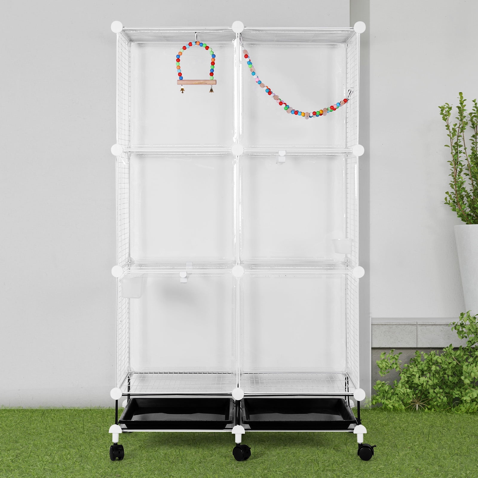 golytefs Bird Cage Universal Wheel Metal Parrot Cage with Stand Tray Swing Ladder (White)