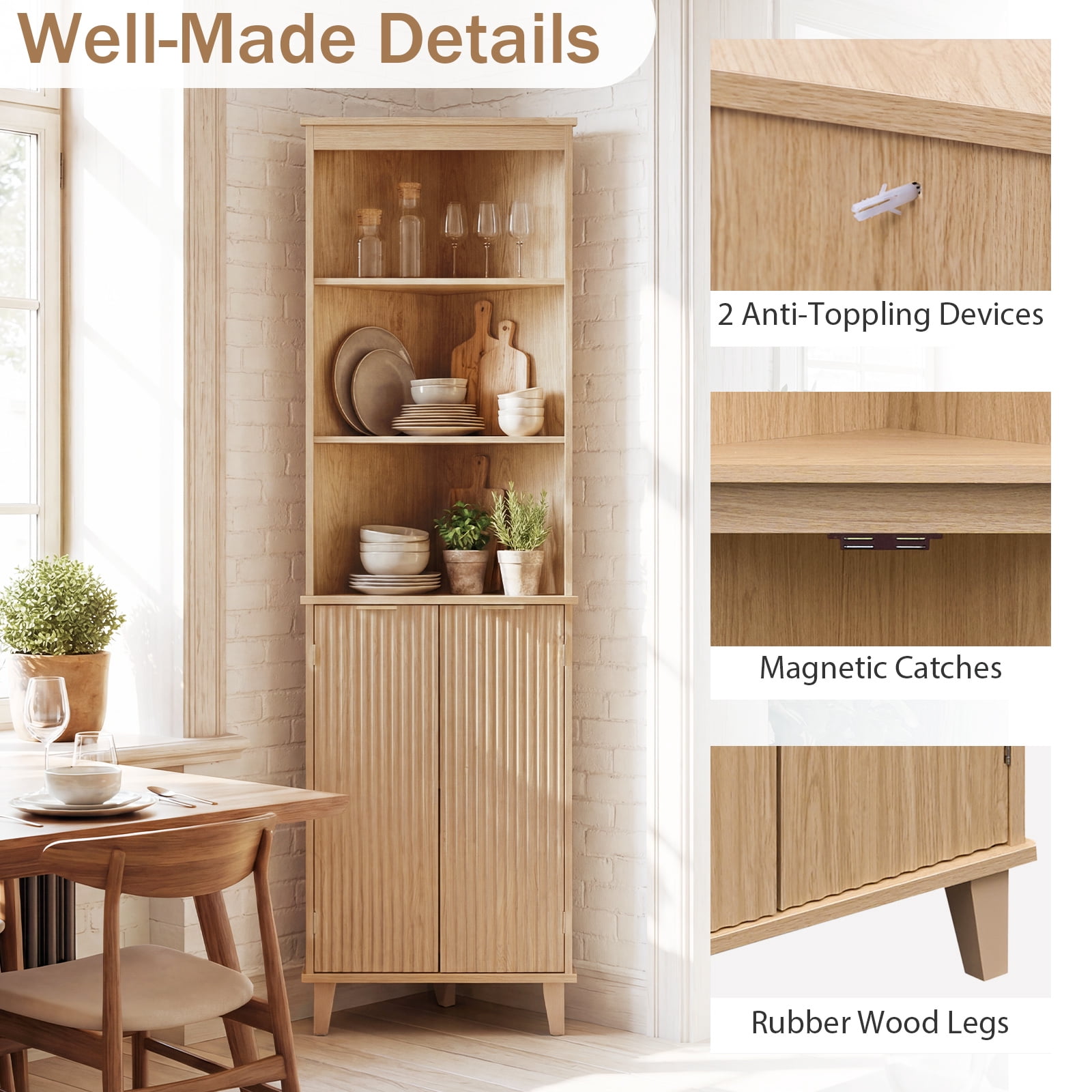 Costway 68" Tall Corner Bathroom Cabinet with Fluted Doors, 6-Tier Space Saver Bathroom Storage Cabinet Oak