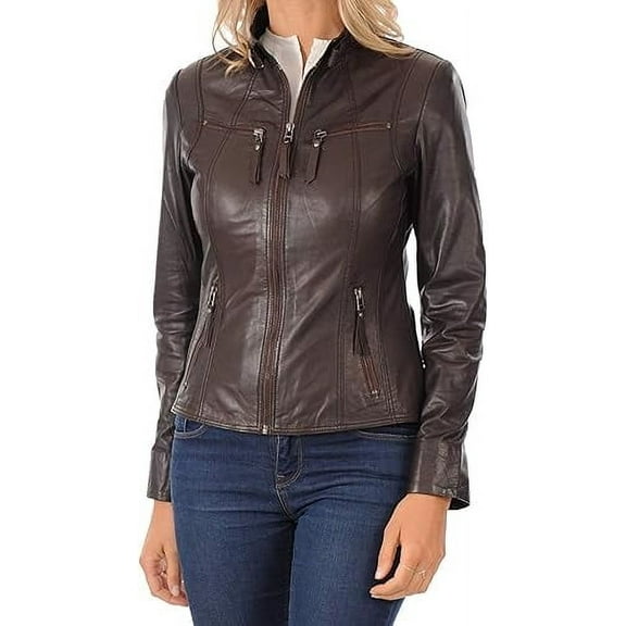 Women's Genuine Brown Lambskin Leather Jacket Motorcycle Slim fit Biker Jacket W624