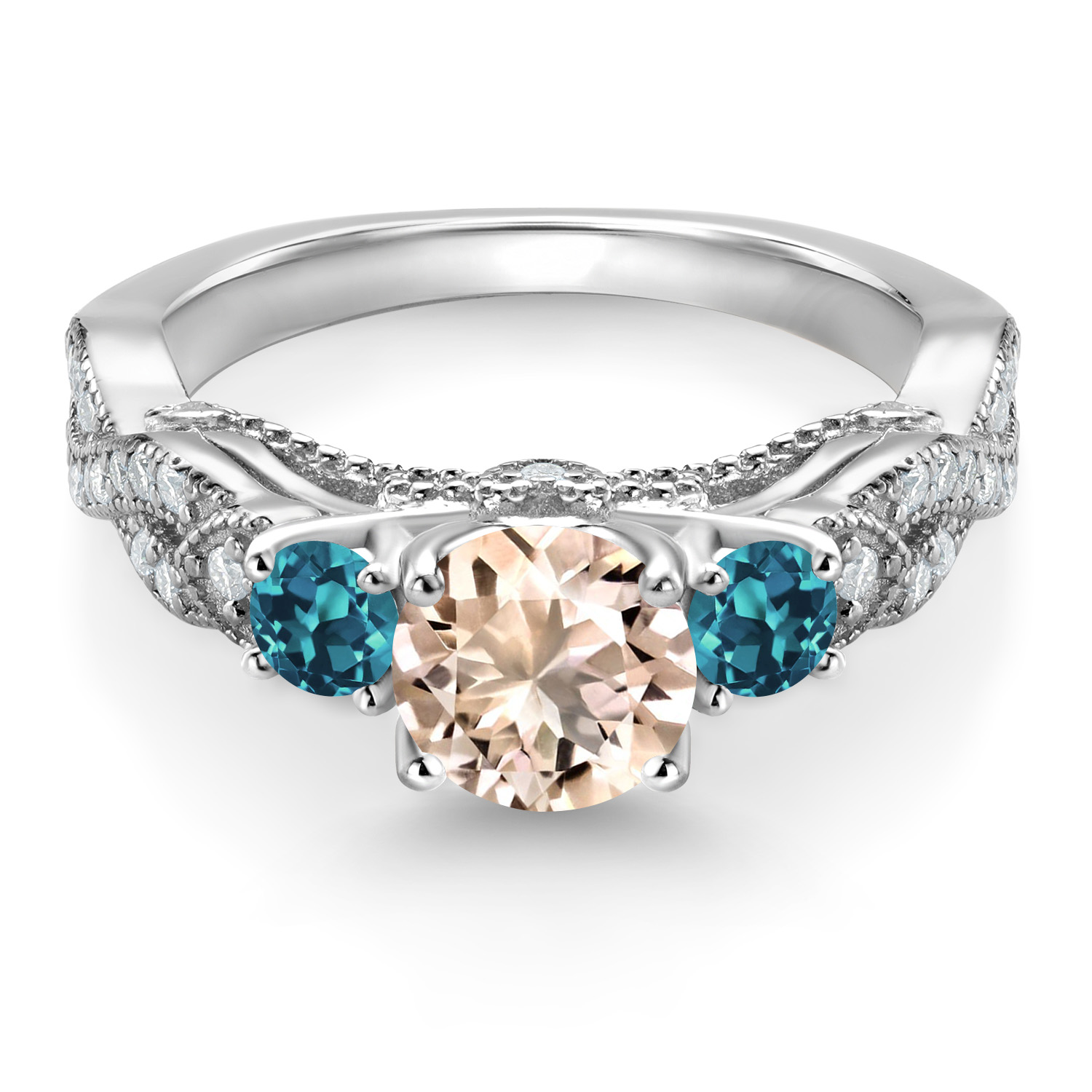 Gem Stone King 1.13 Cttw Peach Morganite London Blue Topaz and White Moissanite Engagement Ring for Women | 925 Sterling Silver | Gemstone Birthstone | Round 6MM and 3MM | Size 5-9 | Size 6