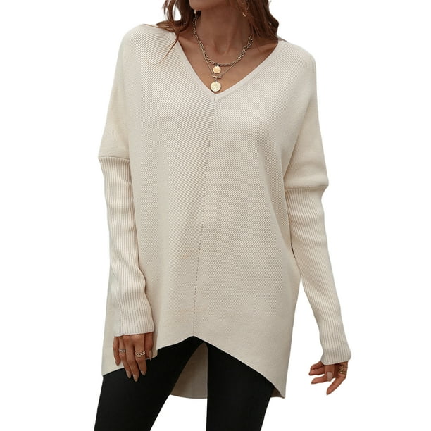 Sunloudy Suéter de otoño para mujer, suéter de punto de manga larga con cuello en V de color sólido con dobladillo irregular para damas, S / M / L / XL Sunloudy moda