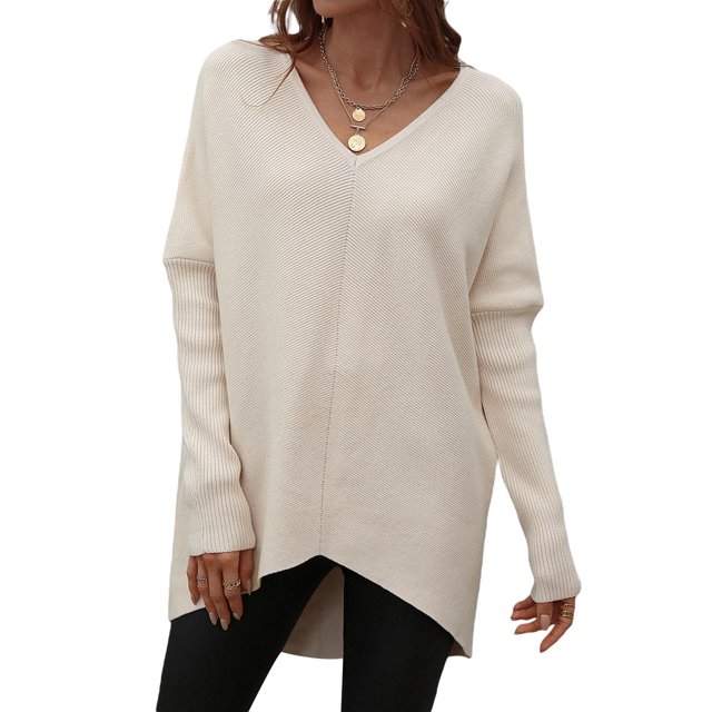 Sunloudy Suéter de otoño para mujer, suéter de punto de manga larga con cuello en V de color sólido con dobladillo irregular para damas, S / M / L / XL Sunloudy moda