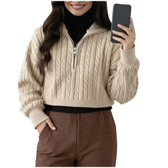 safuny Womens Cable Knit Cardigan Quarter Zip Up Collared Long Sleeve Vintage Sweater Loose Open Front Fall Winter Coats Beige _b L