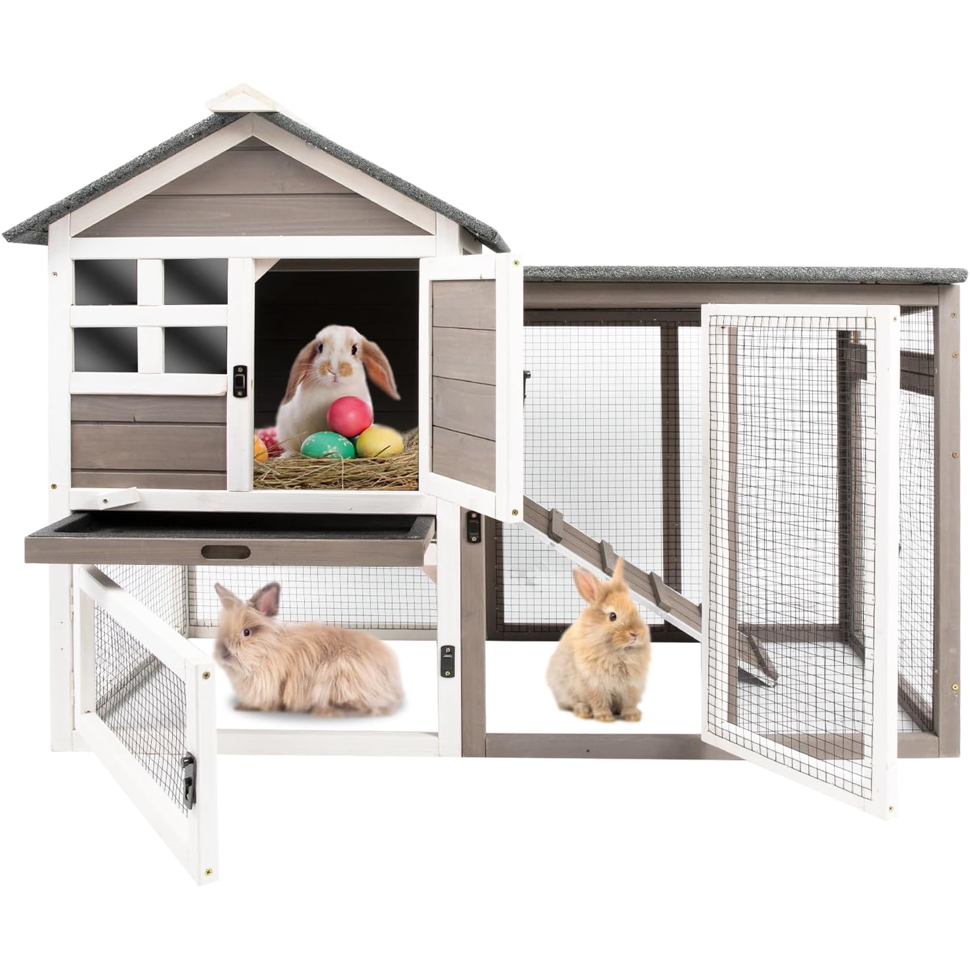 Rabbit Hutch-Indoor Outdoor Rabbit Hutch with Pull Out Tray Large Rabbit Hutch FirWood Bunny Hutch Indoor Guinea Pig Cages Waterproof Asphalt Roof