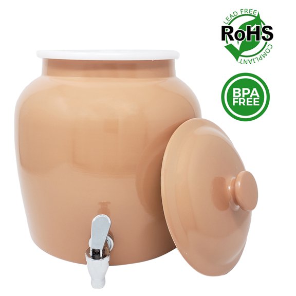 Premium Lead-Free Porcelain Beverage Dispenser With Matching Lid - 2.5 Gallons - Comes with Crock Ring Protector, No-Drip Chrome Painted BPA-Free Plastic Spigot Faucet and Lid - Shiny Almond