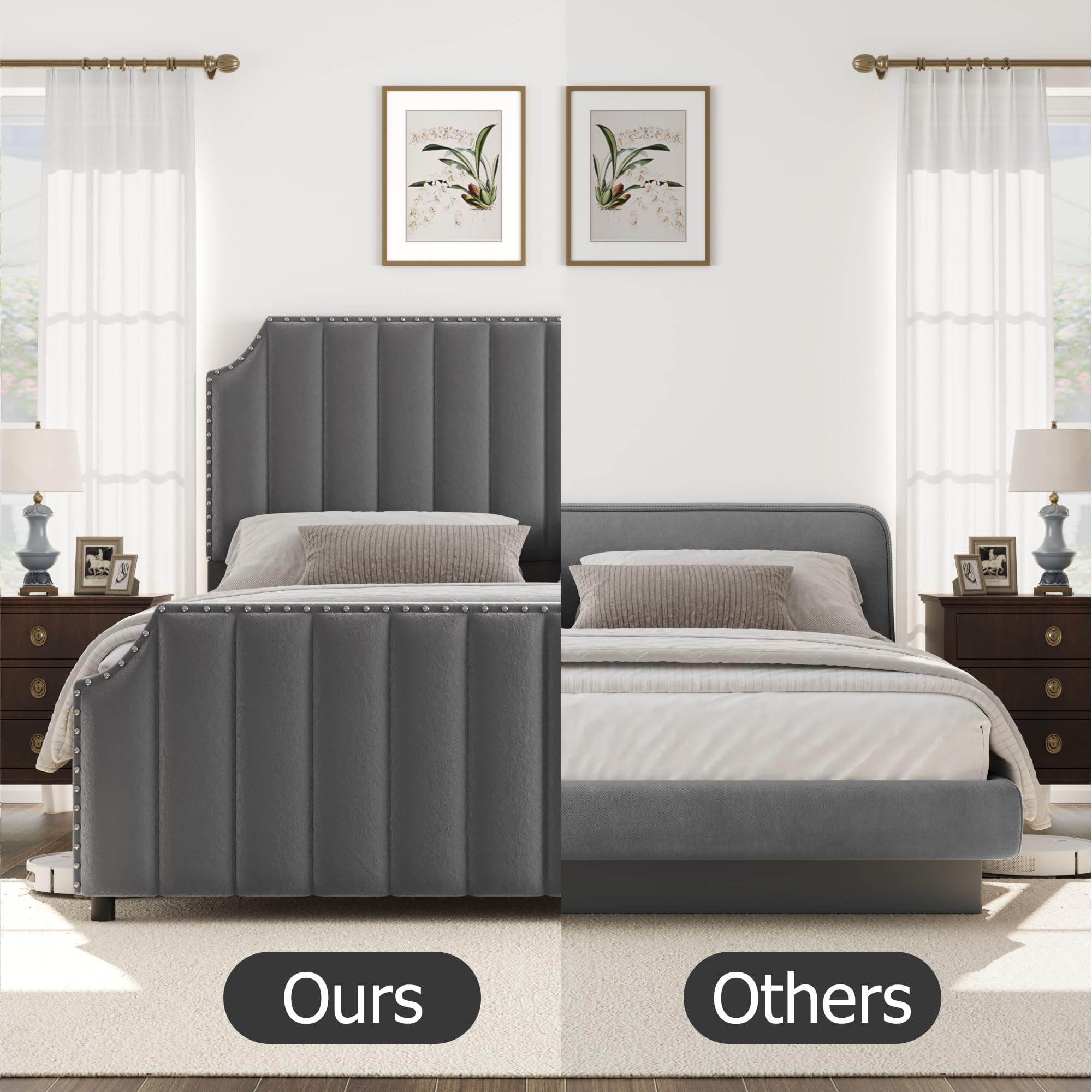 King Size Velvet Upholstered Platform Bed Frame with 50.2" Tufted Headboard & Nailhead Trim – No Box Spring Required