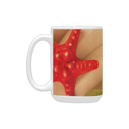 

Seashells Decor Sea Shells On The Beach Caribbean Exotic Coastline Summertime Vacation Starfish Seau Ceramic Mug (15 OZ) (Made In USA)