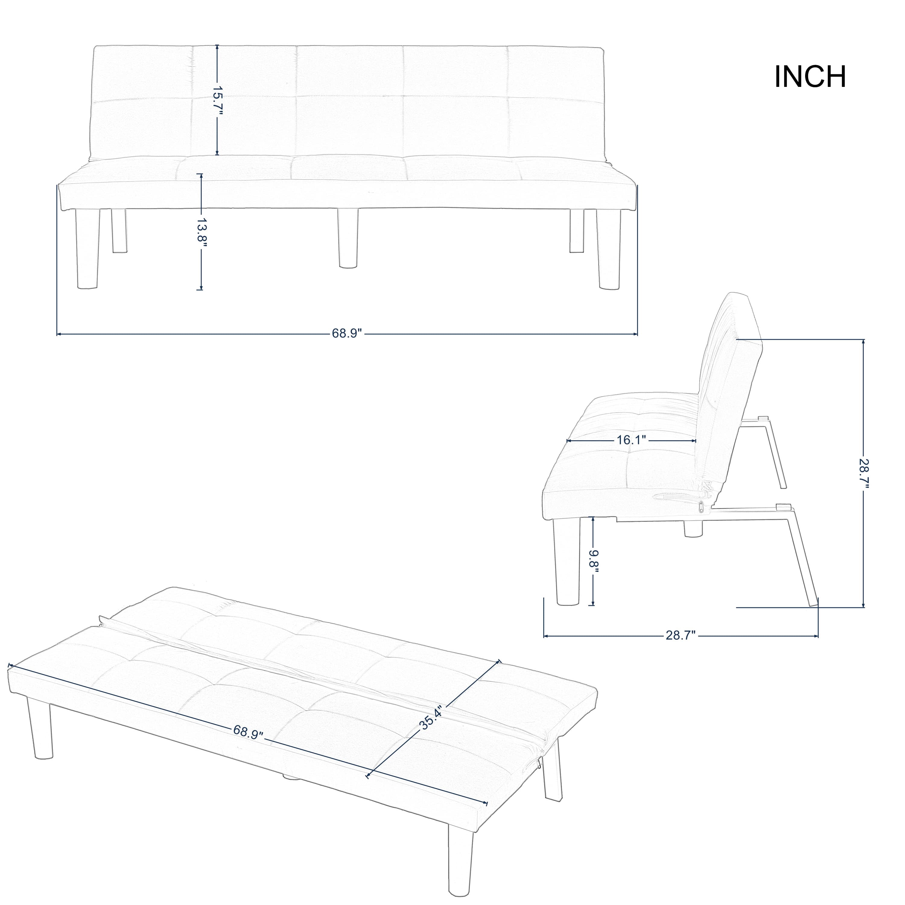 BSHTI 68.9” Futon Sofa Bed,Faux Suede Upholstered,Twin Size Convertible Sofas,with 3 Adjustable Positions,Armless,Plastic Front Legs and Metal Back Legs(Dark Gray)
