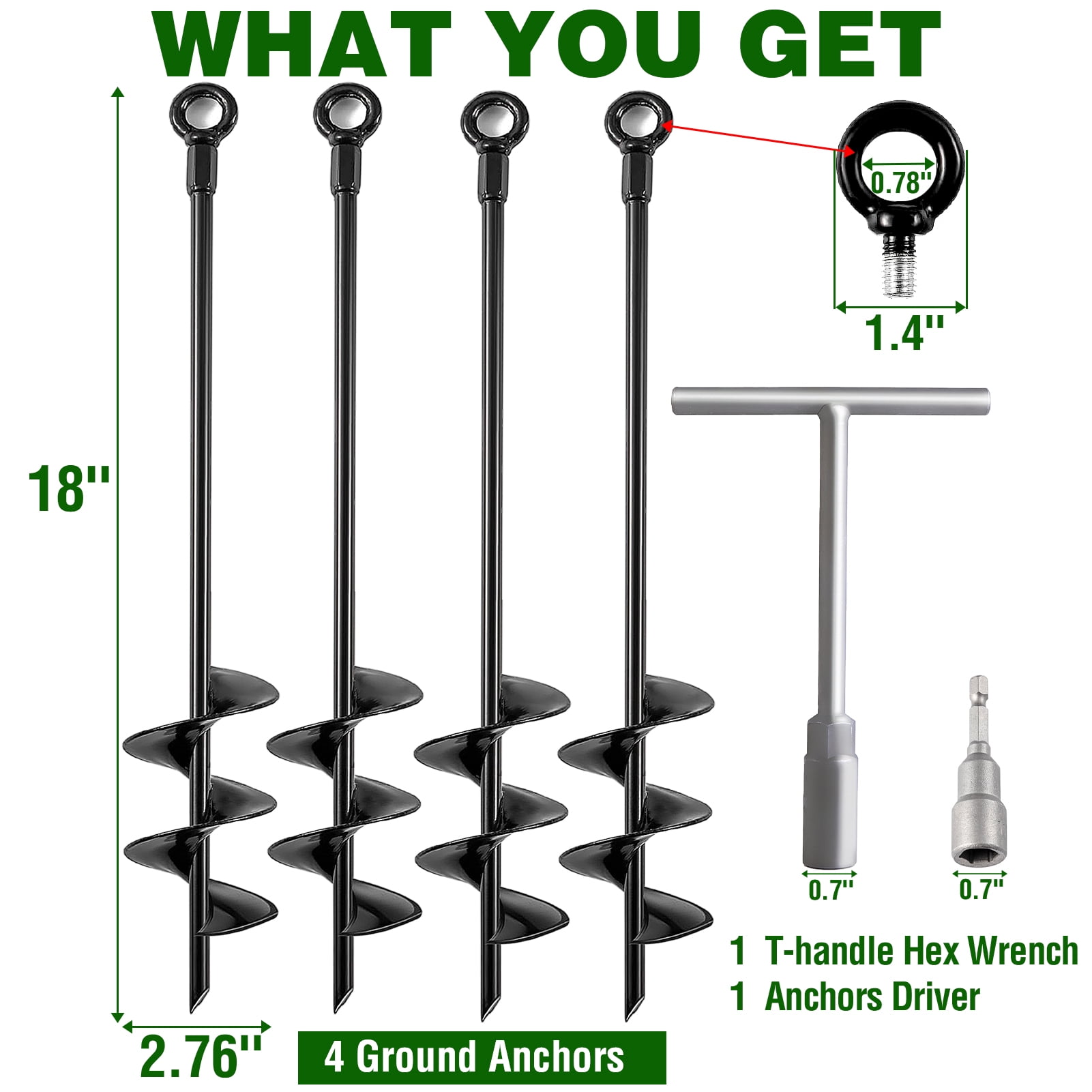 cyrico Ground Anchors Heavy Duty, Swing Set Anchor Kit 18 inch 4 Pack Screw in Earth Anchors Trampoline Stakes High Wind Metal Auger Anchor for Shed Tent Carports Securing Animals Camping Mobile Home