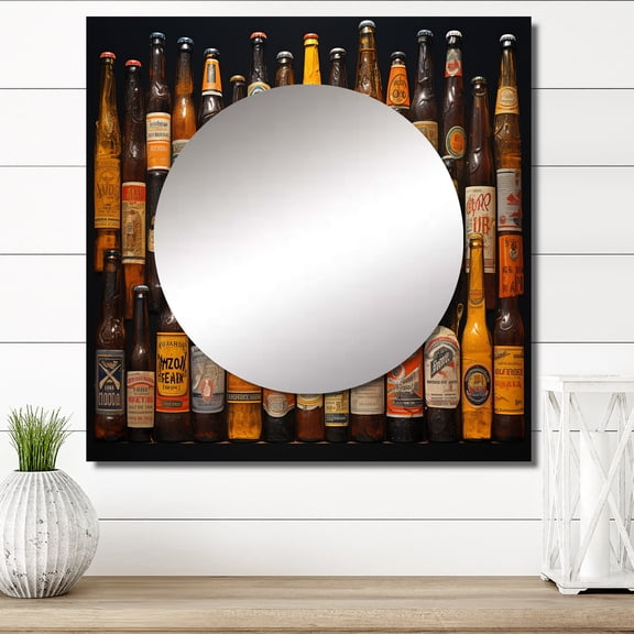 Designart "Minimalist Beer Array I" Beer Square Mirror For Wall Decor - Large Orange Square Printed Wall Mirror Art - Square Traditional Mirror - Wall Mounted Square Large Mirror