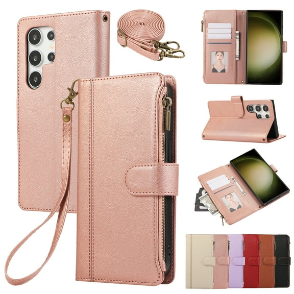 for Samsung Galaxy S25 Ultra Crossbody Wallet Case with Card Holder, Zipper Pouch PU Leather Long Shoulder & Lanyard Strap Magnetic Closure Flip Kickstand Cover for Samsung Galaxy S25 Ultra,Rosegold