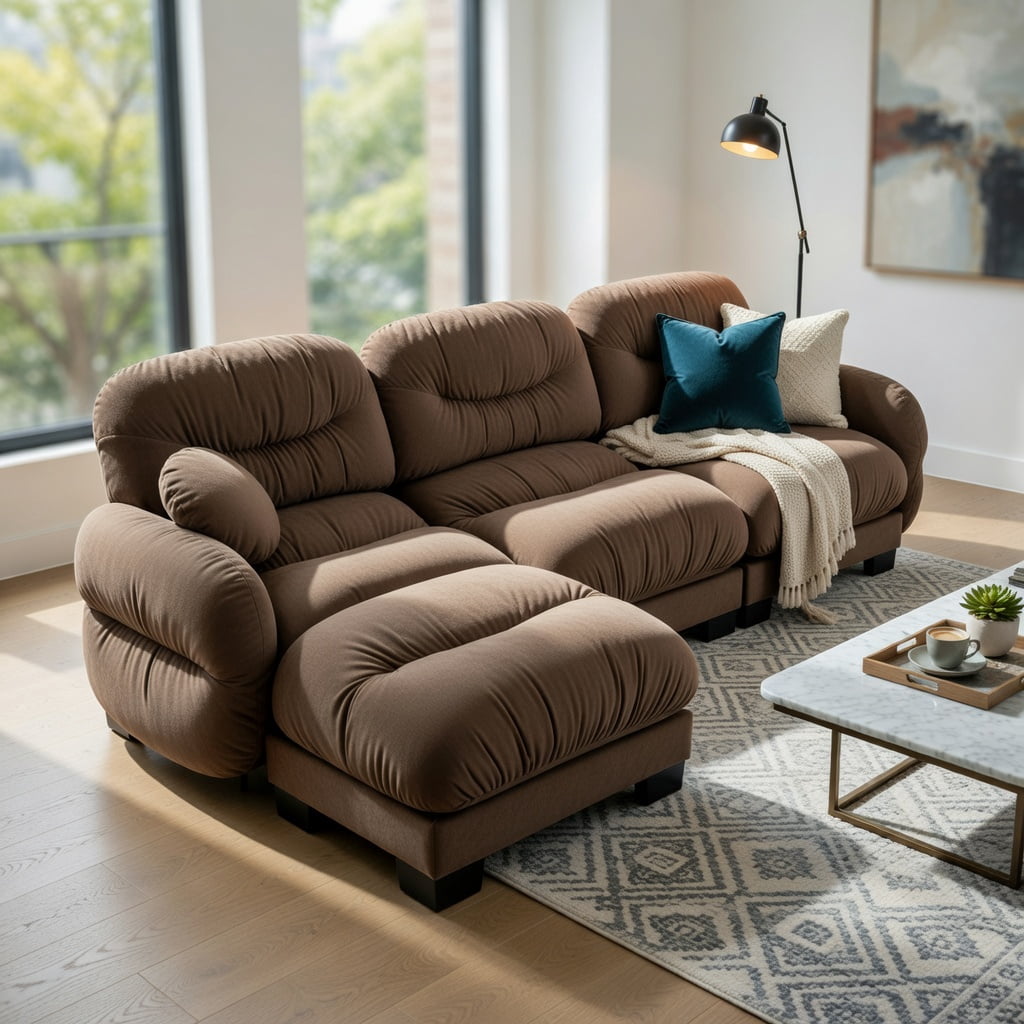 Hommoo Chenille L-Shaped Modular Sectional Sofa with Ottoman, 3-Seater Pleated Back Design, Ergonomic High-Density Foam Cushions & 2 Round Throw Pillows, Brown