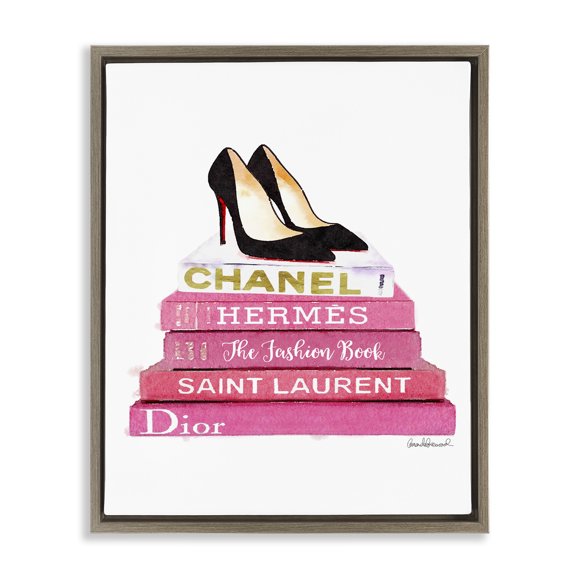 Stupell Industries Glam Pink Fashion Books Pump Heels Beauty & Fashion Painting Brown Floater Framed Canvas Art Print Wall Art, 25 x 31