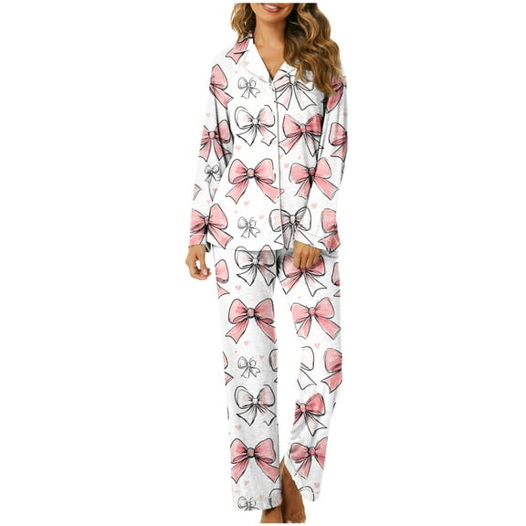 Hyknon Womens Pajama Sets Home Fashion Cute Bow Printed Soft Comfortable Two Piece Set Daily Home Wear Long Sleeve Turndown Collar Tops with Pajama Pants