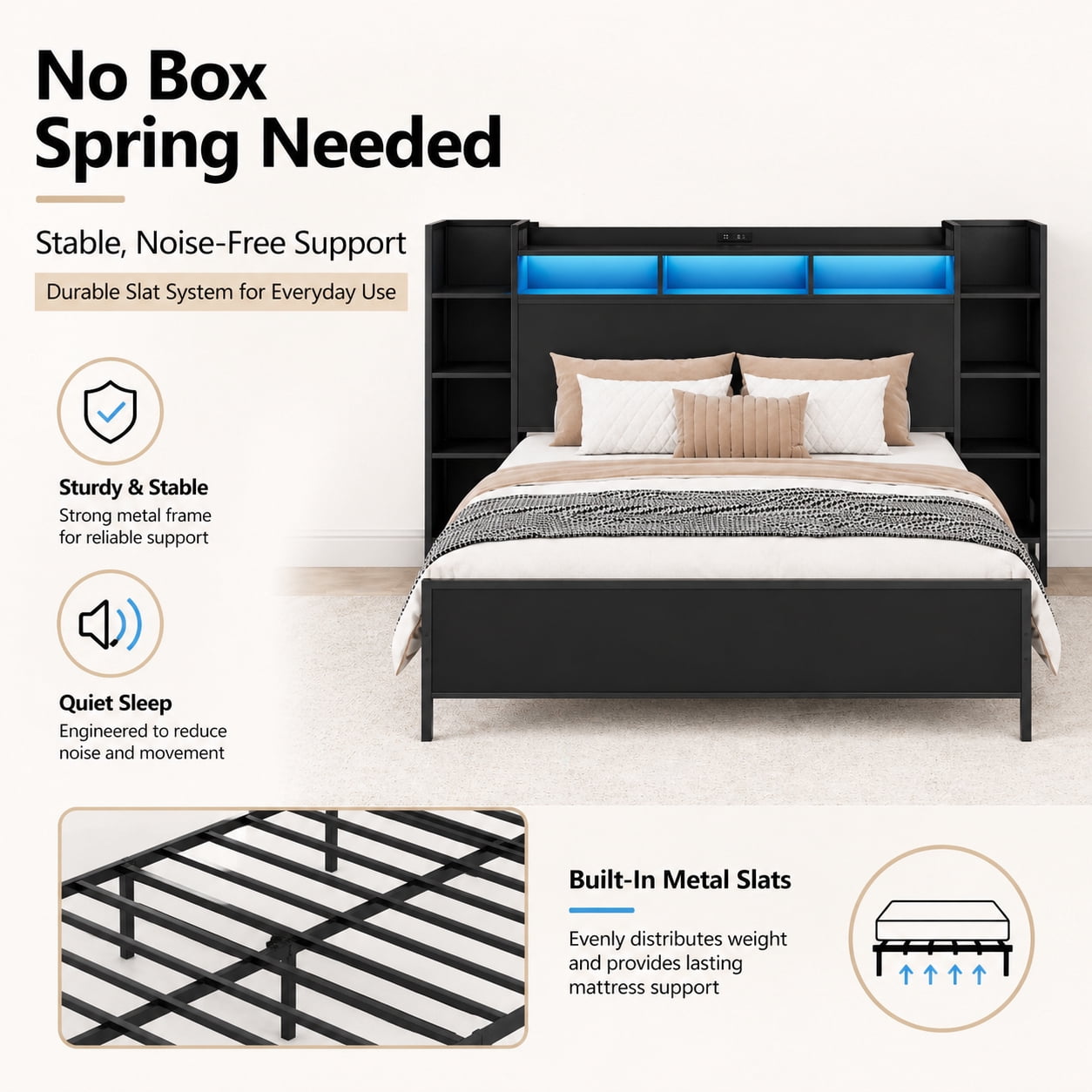 Miniyam Full Platform Bed Frame with Bookcase Headboard, Charging Station, LED Lights, Side Storage Shelves, Black
