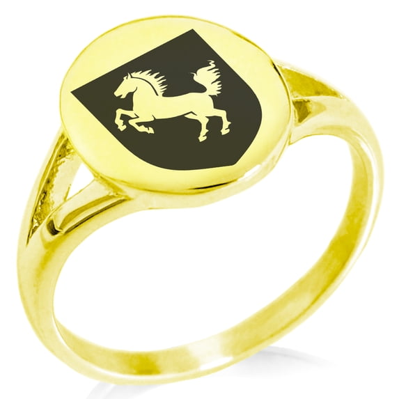 Stainless Steel Horse Battle Coat of Arms Shield Minimalist Oval Top Polished Statement Signet Ring