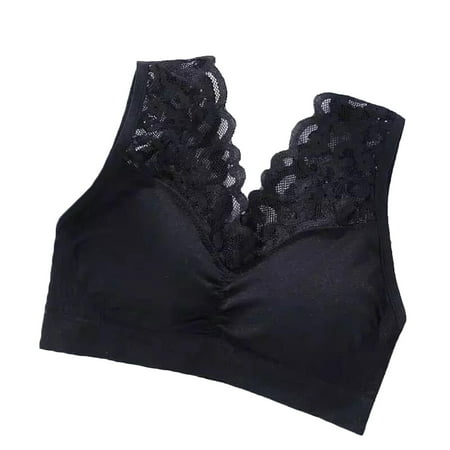 

Grofry Women Solid Color Padded Wireless Lace Patchwork Bra Brassiere Sport Underwear Black One Size