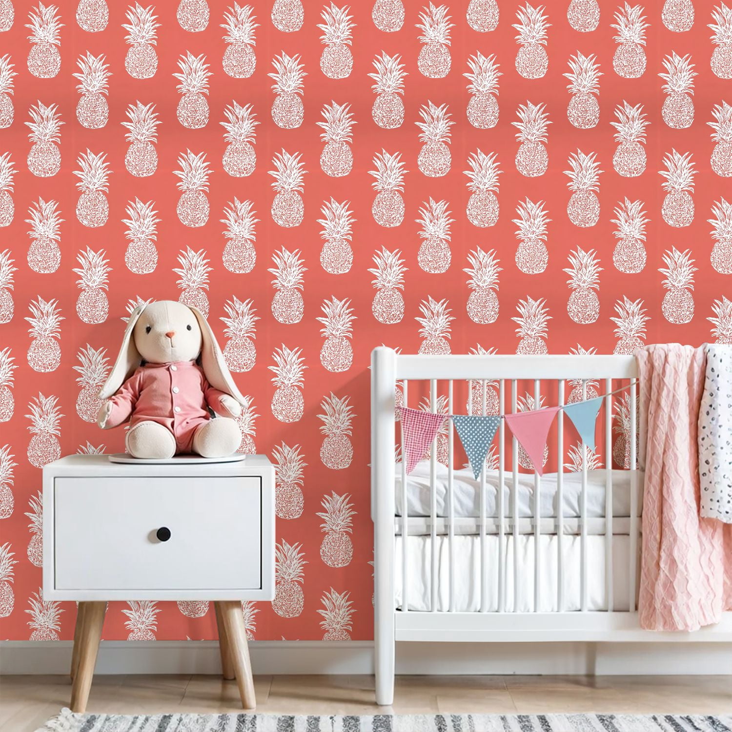 Peel and Stick Wallpaper Tropical Pineapple Coral Hand Drawn Style Wall Mural 23.6in x 9.8ft Self Adhesive Removable Wall Paper Renter Friendly Wallpaper for Nursery Bedroom Cabinets