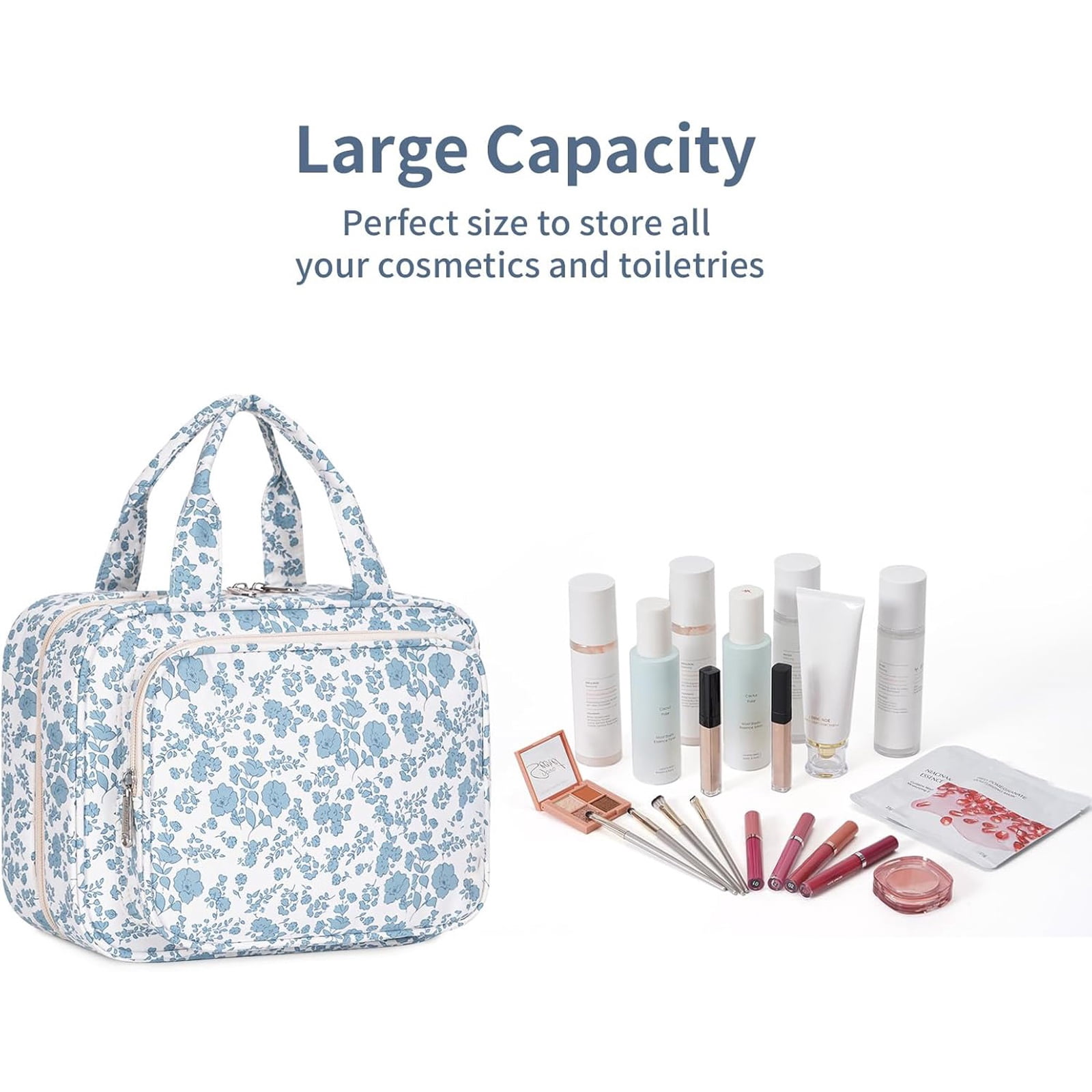 Hanging Travel Toiletry Bag with Hook, Makeup Bags for Women Cosmetic Organizer Toiletries for Brush Shampoo Travel Essentials, Blue Flower