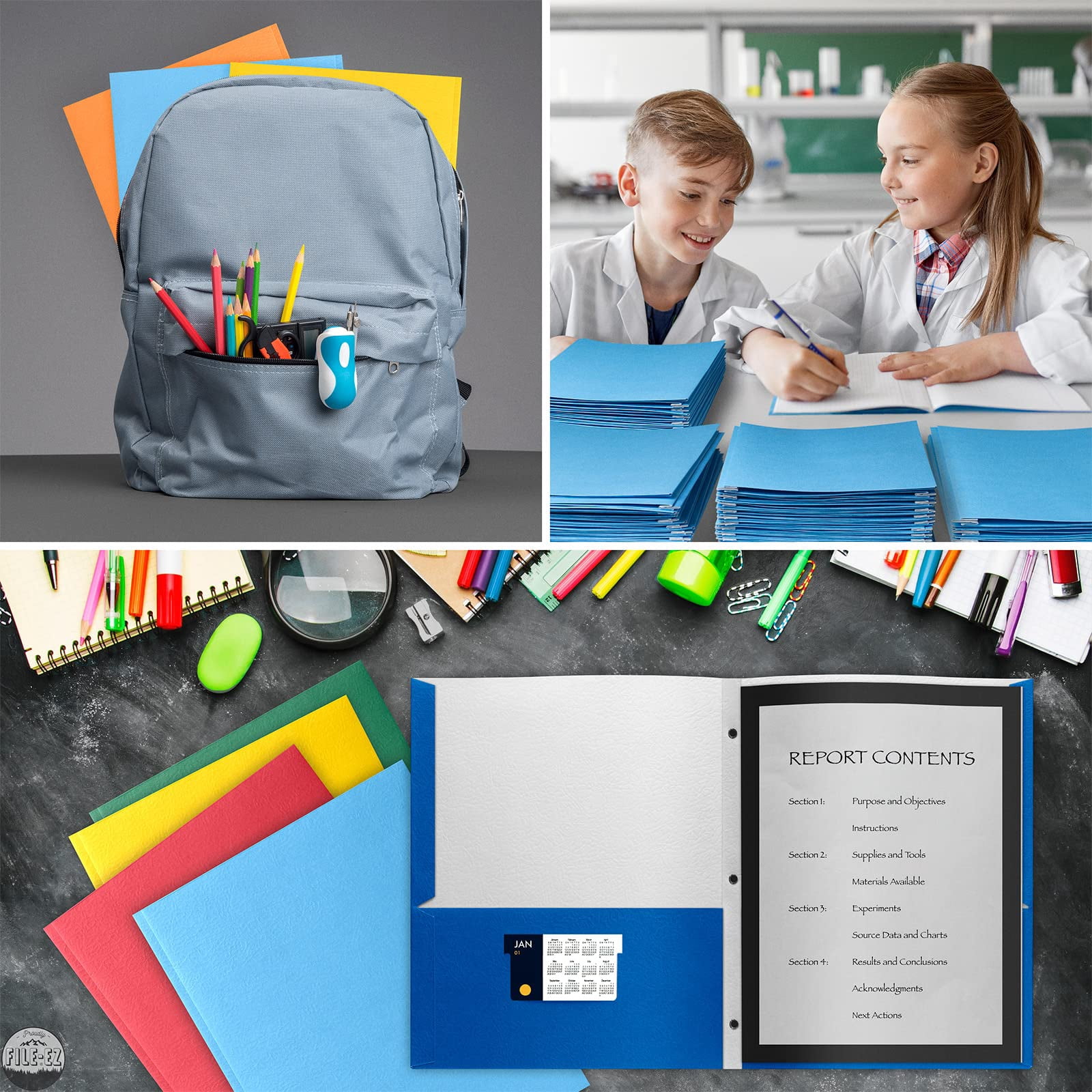 FILE-EZ Two-Pocket Folders with 3-Prong Fasteners, Gray Color, 25-Pack, Durable Textured Paper, Matte Finish, Letter Sheet Size (EZ-62530)