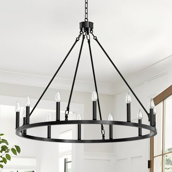 Black Wagon Wheel Chandelier 38 inch, 12-Light Farmhouse Industrial Light Fixture for Outdoor Porch, High Ceilings, Living Dining Room, Foyer Entryway