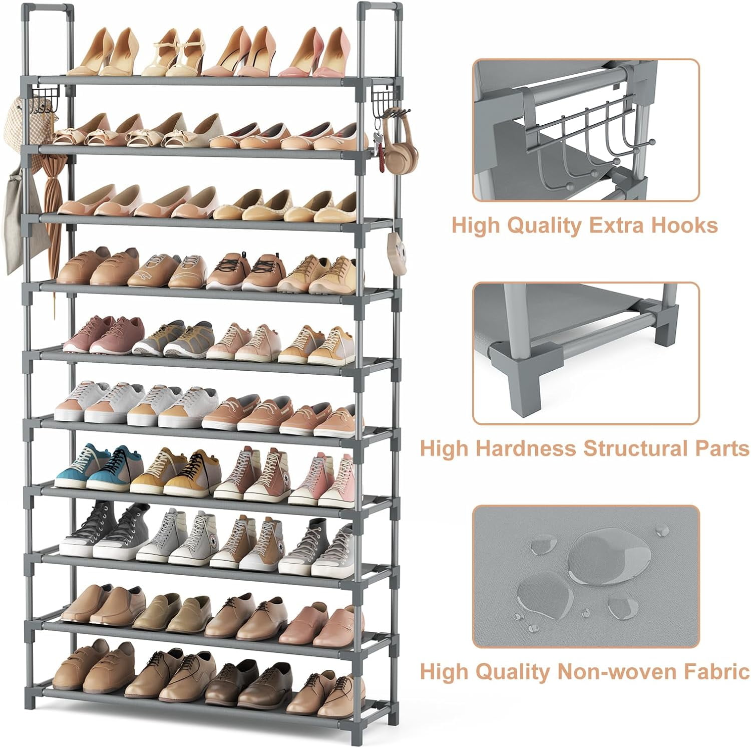 10 Tiers Shoe Rack Tall Large Capacity Wide Shoe Organizer Sturdy Shoe Shelf for Entryway with Two Hooks Metal Shoe Storage for Closet, Bedroom, Grey