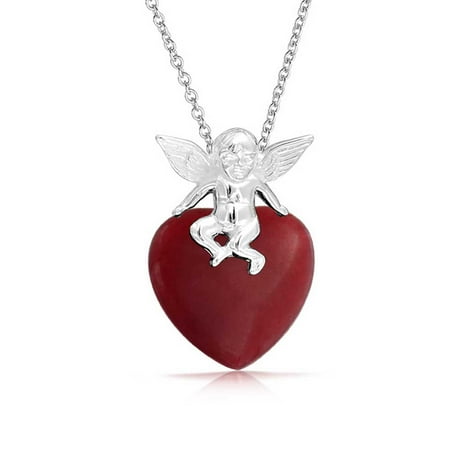 - Cupid Heart Shape Red Jade Pendant Necklace For Women For Girlfriend 925 Sterling Silver with Chain