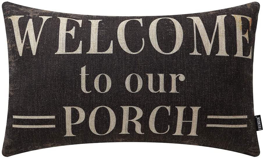 TRENDIN Decorative Throw Pillow Cover 20x12 inch Rustic Look Black Welcome to Our Porch Cushion Case Rectangular Shape PL347TR