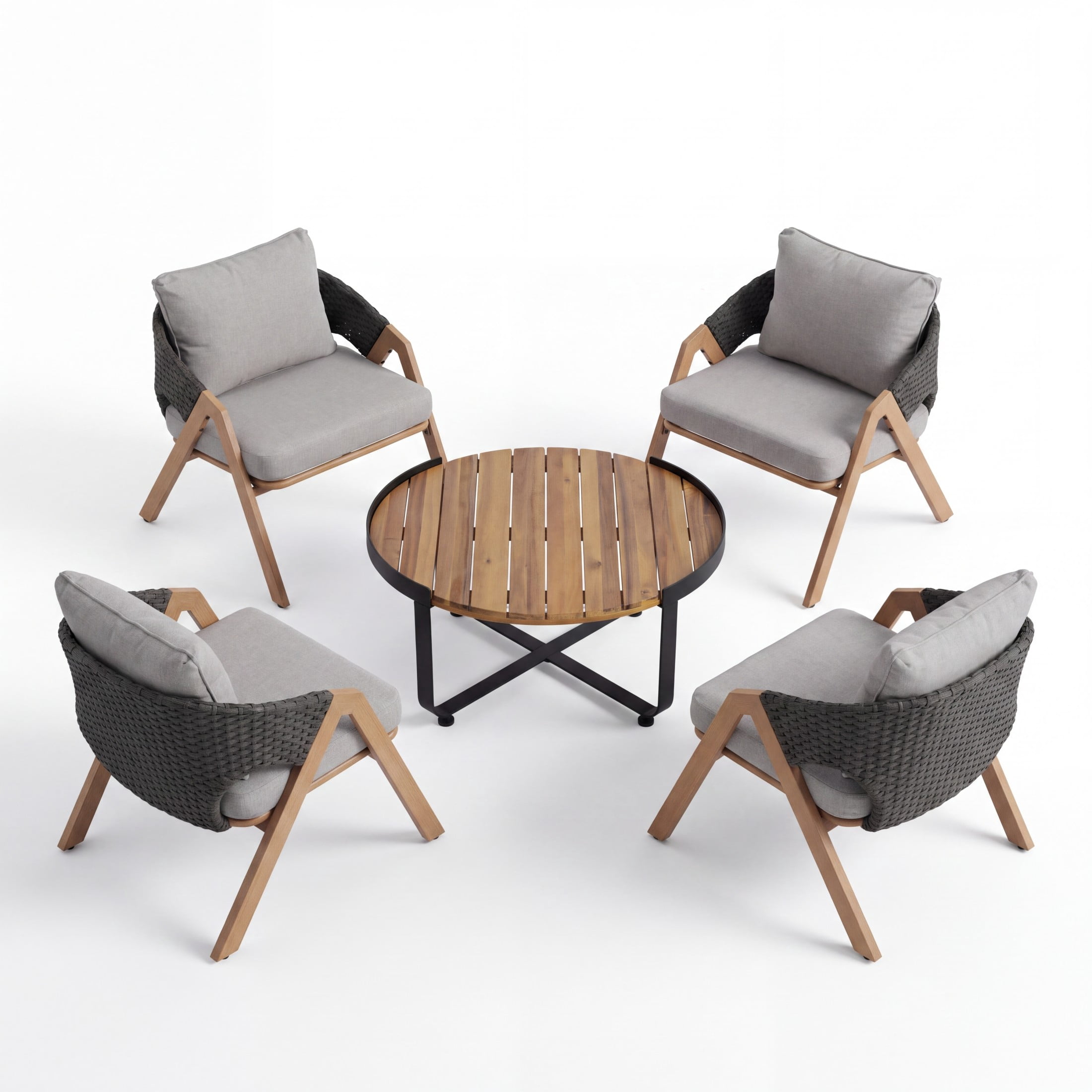 Christopher Knight Home 5-Piece Patio Conversation Set, Rattan Chairs with Wood Table, Teak+Gray
