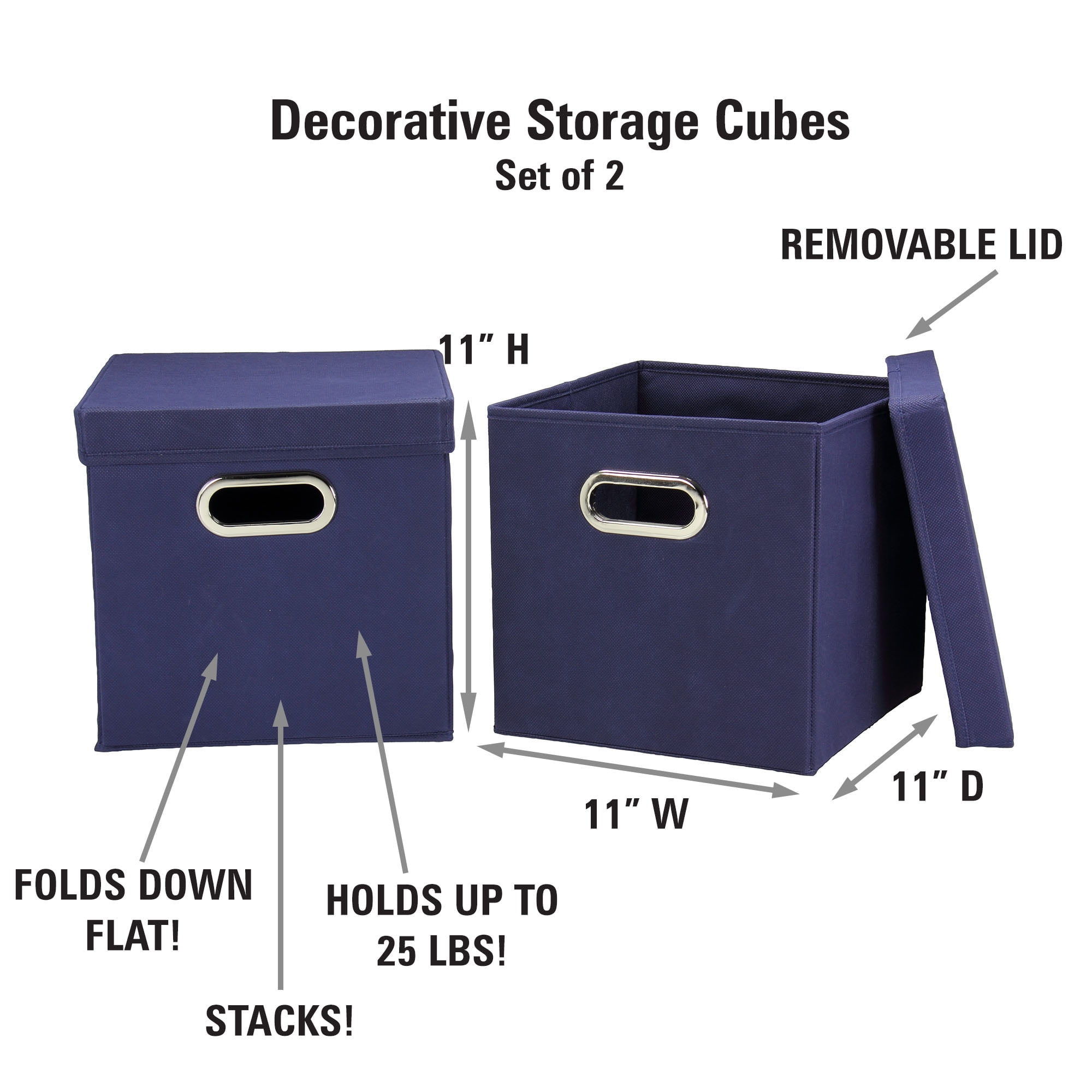 Household Essentials Storage Bins with Lids, Set of Two Collapsible Fabric Cube Storage Boxes with Grommet Handles, Navy Blue