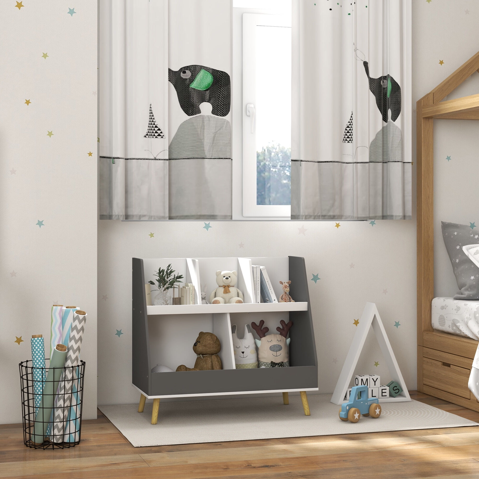 Kids Furniture Qaba Kids Bookcase Toy Shelf, 2 Tier Toddlers Toy Storage Shelf with 5 Compartments, Anti-tip Device, Pine Wood Legs for Nursery, Playroom, Classroom, Gray,Baby Furniture
