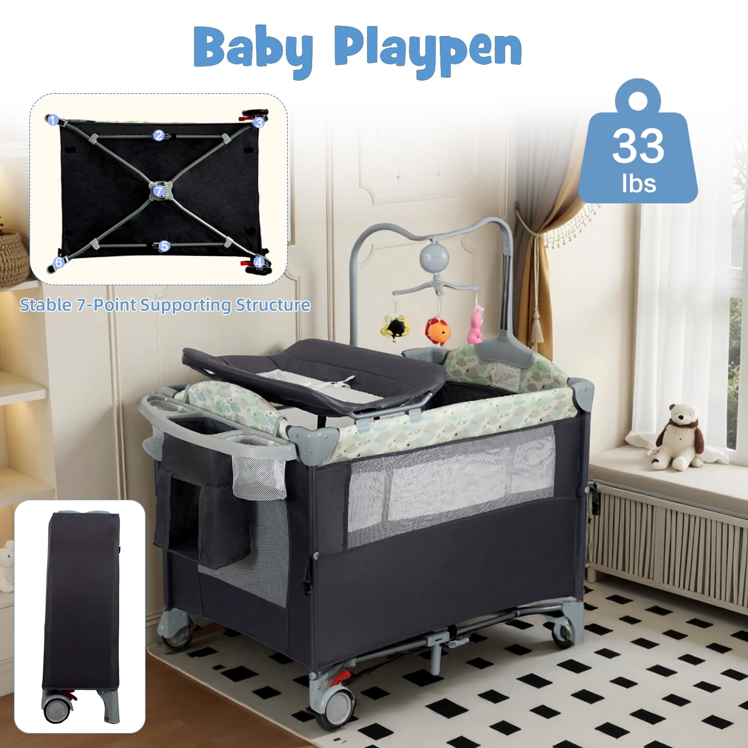 Pack and Play with Bassinet 4-in-1 Baby Playard with Changing Table Wheels Music Box,Foldable Playard for Baby Toddler(Black)