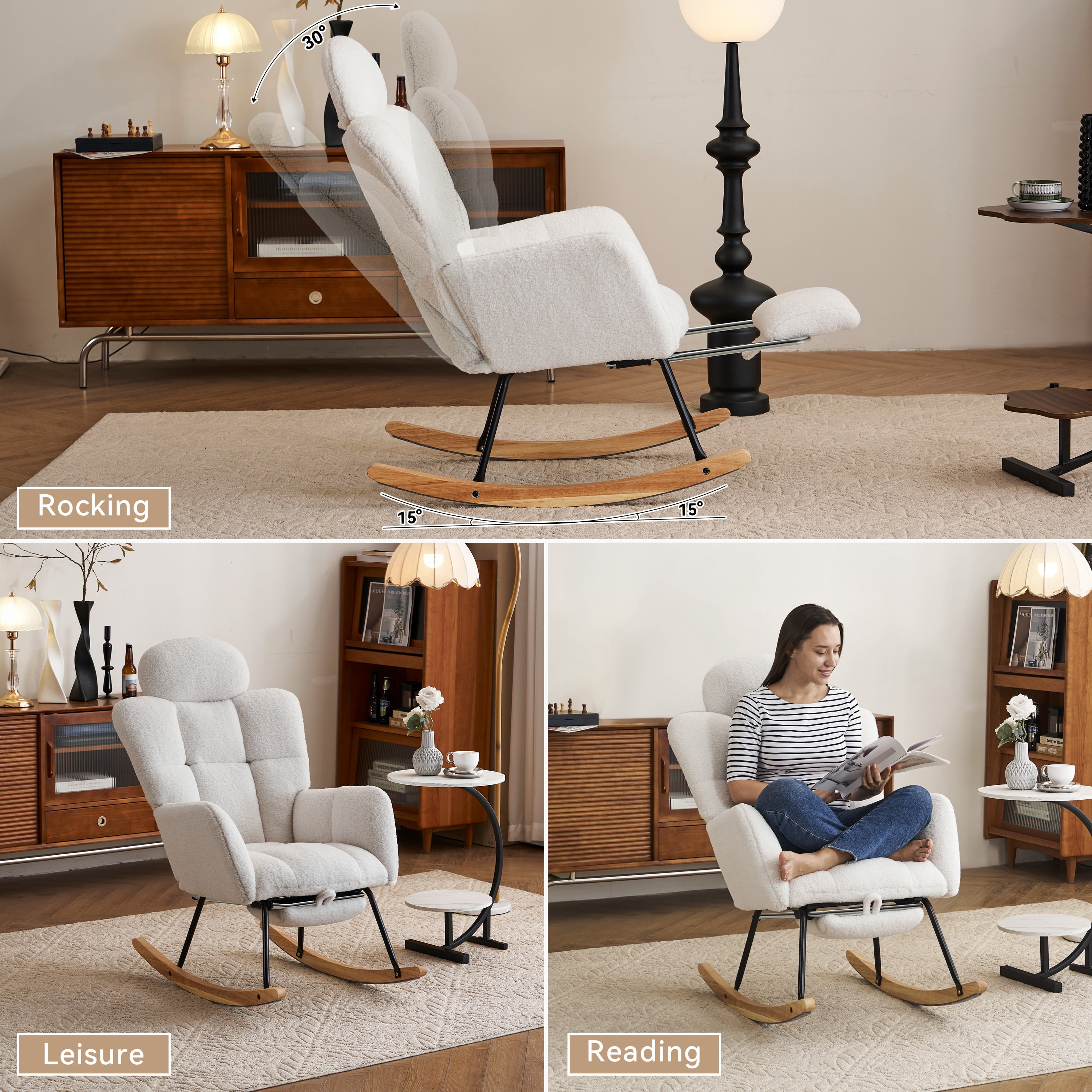 Teddy Fabric Rocking Chair, Upholstered Glider with Removable Pillow and Adjustable Footrest, High Backrest for Nursery and Bedroom, Ivory