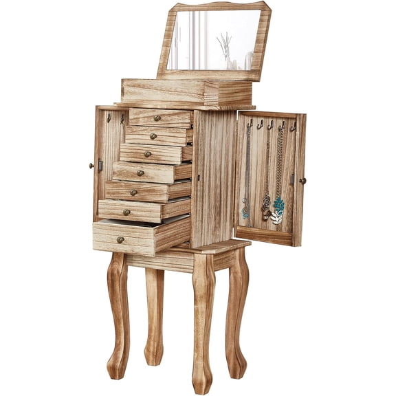 Sfugno Jewelry Armoire,Standing Jewelry Cabinet with 7 Drawers,2 Side Doors and Top Flip Makeup Mirror,Rustic Brown