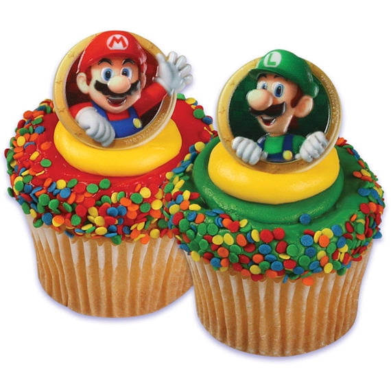 42 Super Mario Birthday Boys Cup Cake Kids Party Toppers Wafer Edible STAND UP 