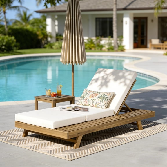 Gearwell Chaise Lounge Set, Acacia Wood Outdoor Daybed with Cream Triple Fold Cushion, Light Brown Poolside Recliner for Backyard Patio Garden Deck