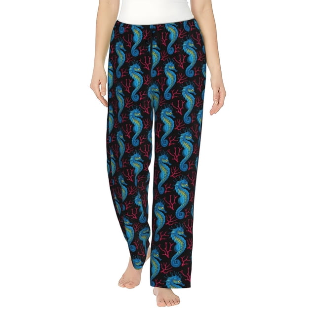Balery Blue Seahorse Pantalones de pijama para mujer, pijamas ultraligeros, pantalones de estar por casa-Large