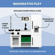 Delta Children Deluxe Modern Kitchen - Wooden Toy Kitchen Playset with Realistic Knobs that Turn/Click, Oven, Sink and Fridge/Freezer with Ice Maker, White